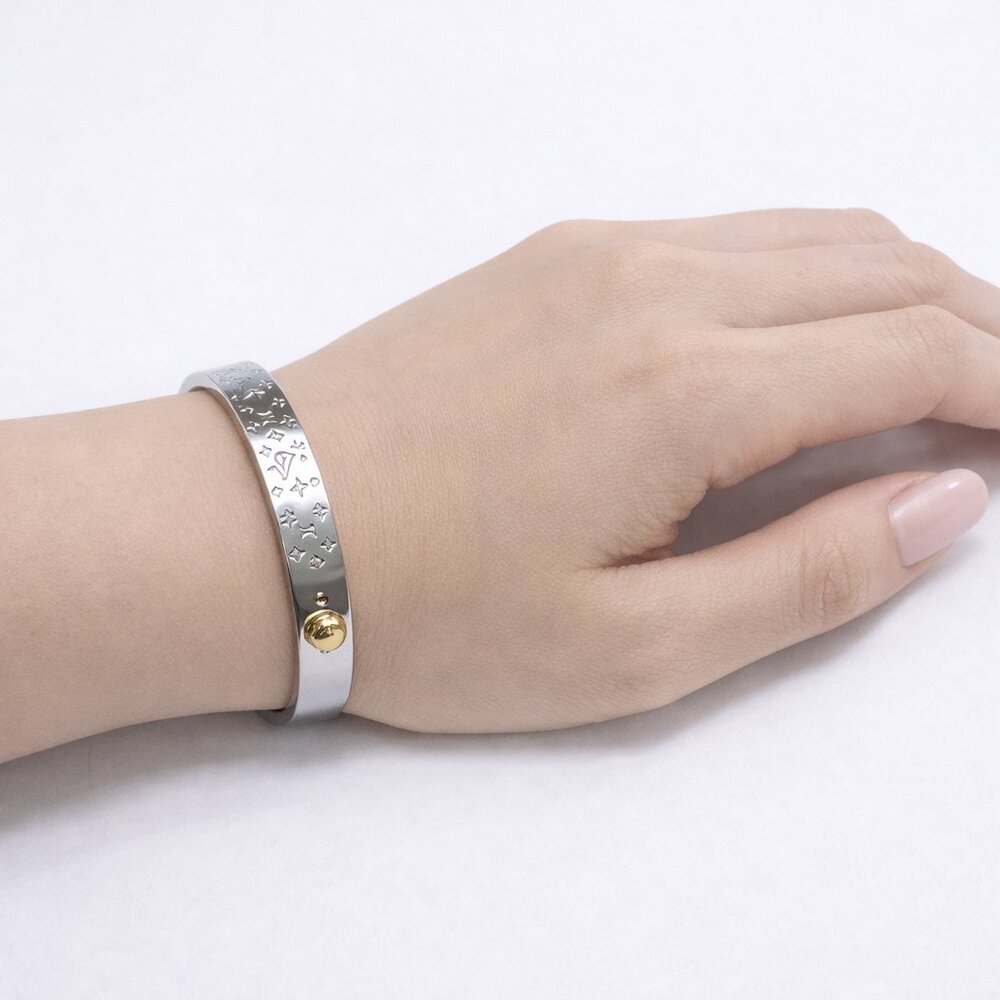 Monogramed Top Label Inspired Silver Colored Clasp Bracelet That Opens Wide NWOT